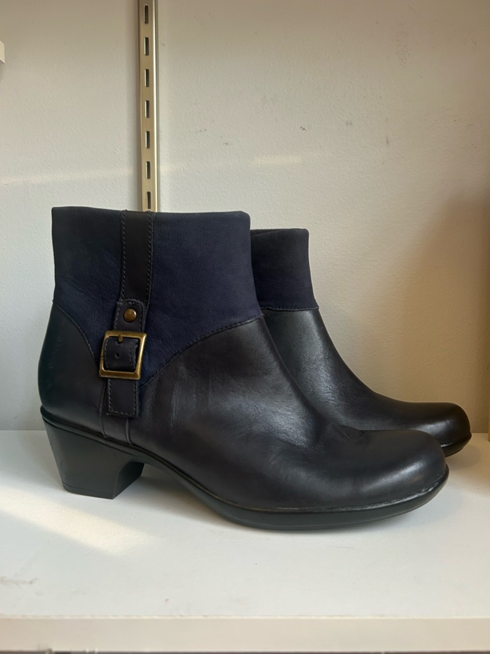 Clarks Black Leather Ankle Boots with Navy Cuff and Buckle Accent